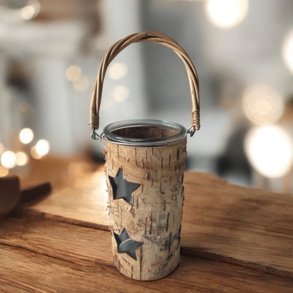 Vintage Real Birch Bark Star Candle Holder Lantern with Handle Rustic Decor